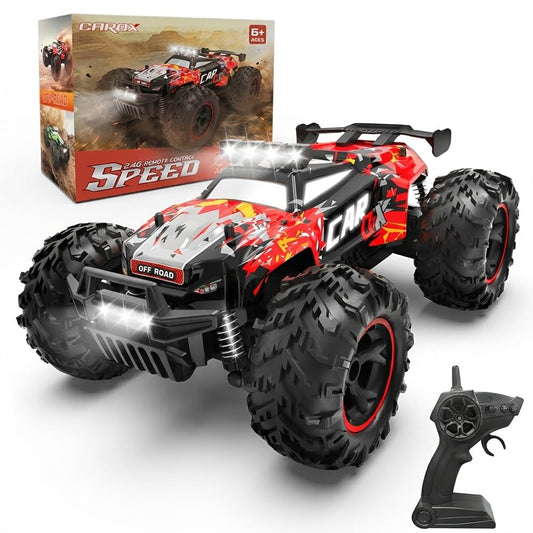 Carox Remote Control Car, 2.4GHz 26KM/H High Speed RC Car, 1:18 Off-Road Monster Truck with LED Lights, Proportional Throttle & 1800mAh Rechargeable Batteries – Ideal Gift for Boys 6+ (RED)