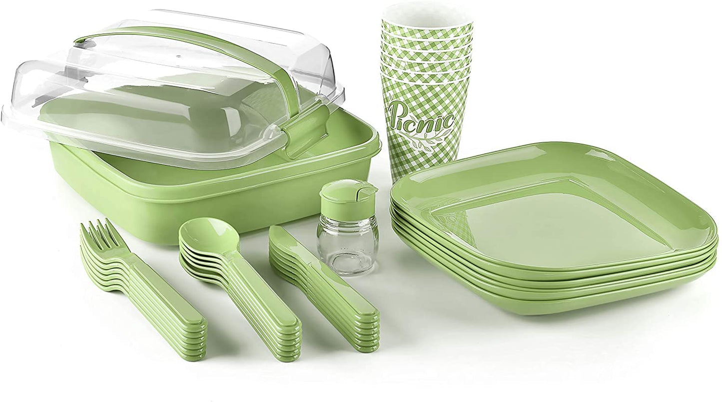 Tribello Camping Picnic Dishes Set with Case, 32 Plastic Reusable Cutlery - BPA Free, Microwave / Dishwasher Safe