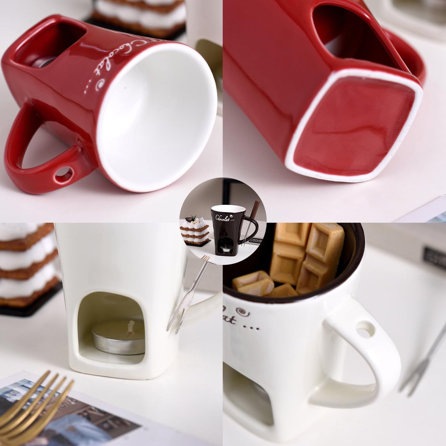 Sweet Fondue Cup for Date Night and More, Chocolate Melting Cup Set with Forks, Perfect as Fondue Mug or Chocolate Fondue Mug - Ideal Gifts for Birthday, Wedding, Mini Simmer Mug (Red)