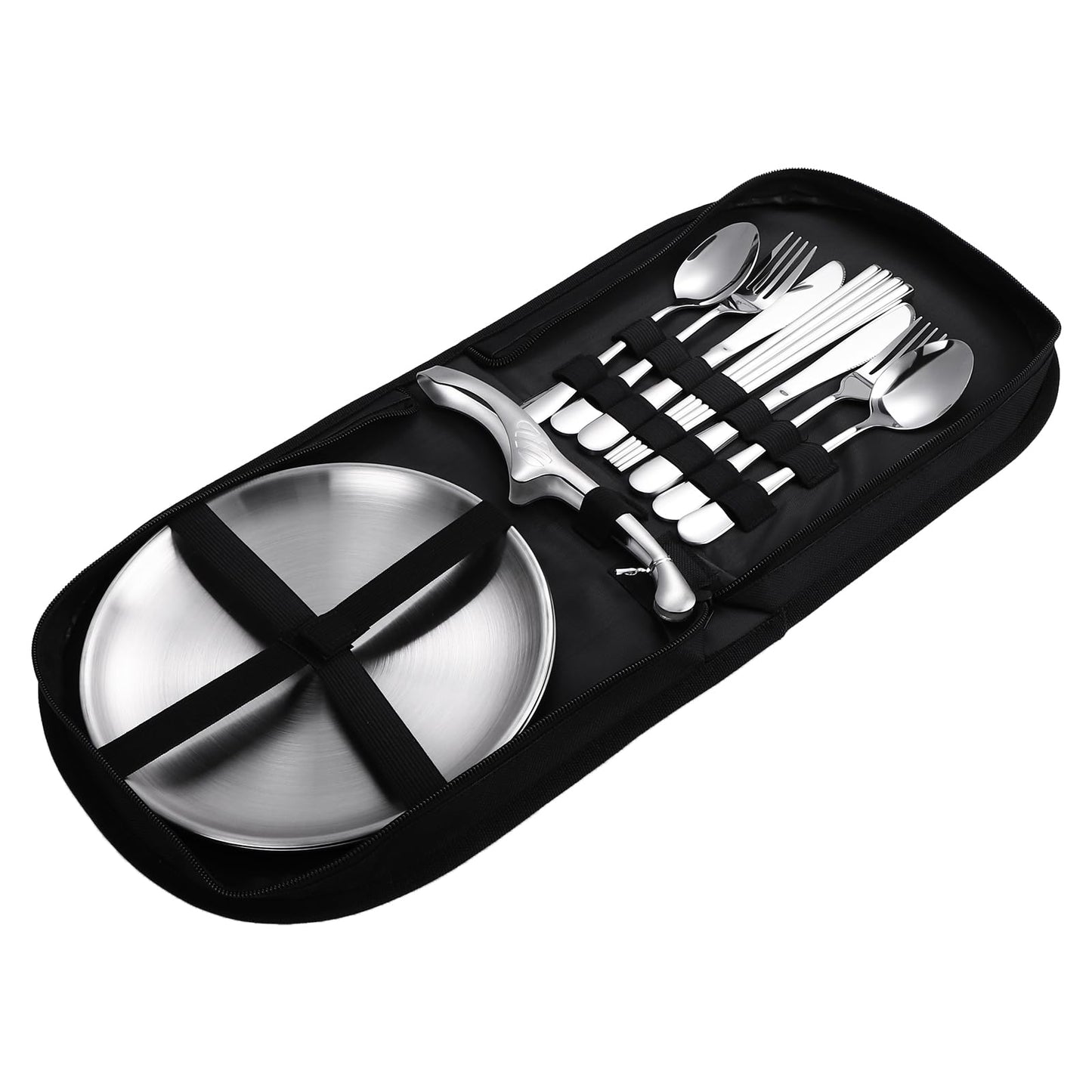 KERMANDO Stainless Steel Outdoor Camping Mess Kits - Includes Forks, Spoons, Knives, Chopsticks, Food Clip, Plates - Portable Cutlery Bag