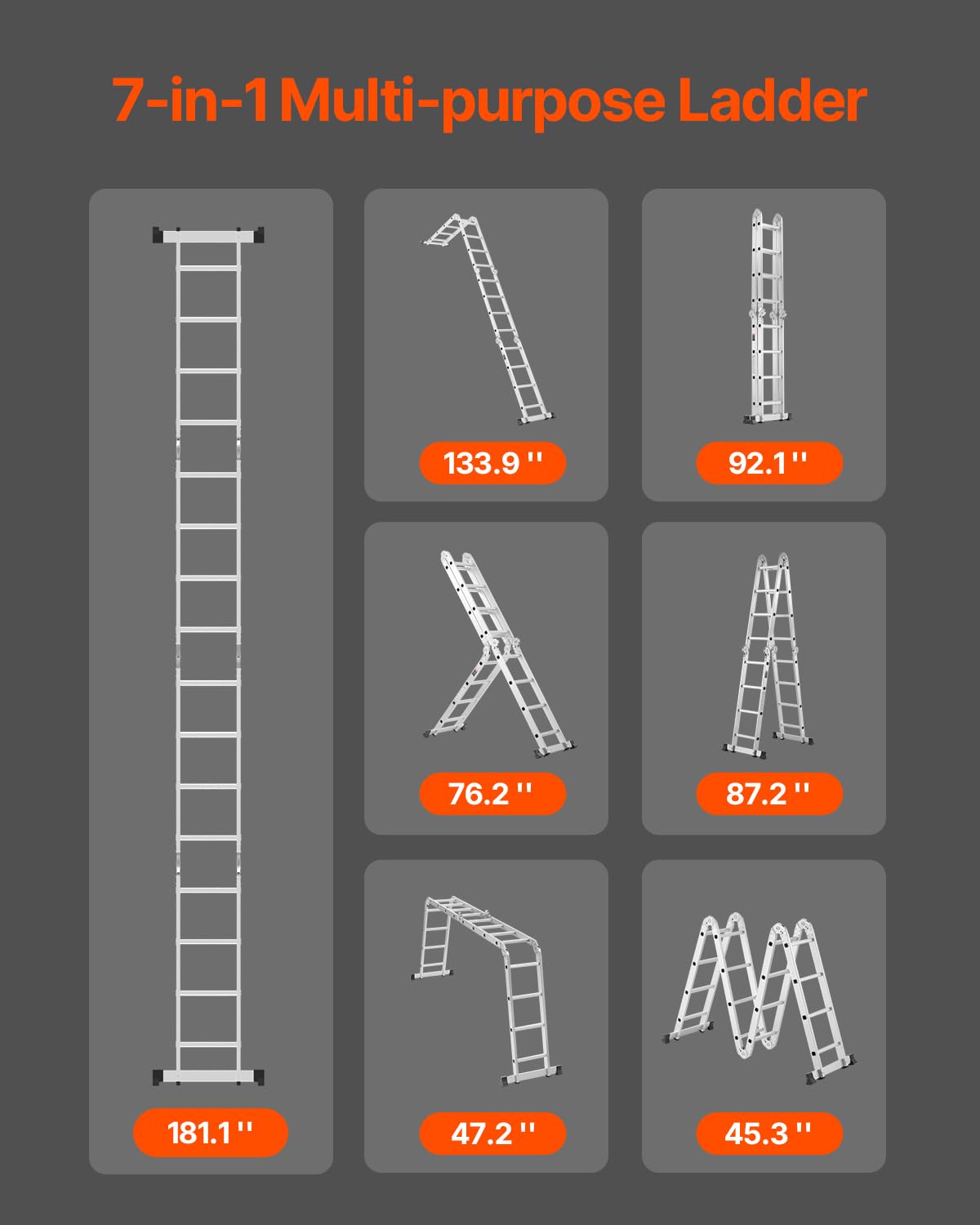 VEVOR Multi-Purpose Folding Ladder, 7-in-1 Tall Extension Step Ladder, A Frame 4 Step Telescoping Ladder, 15.5ft Reach Height Heavy Duty Adjustable Ladder, 330 lbs Capacity for Home Outdoor