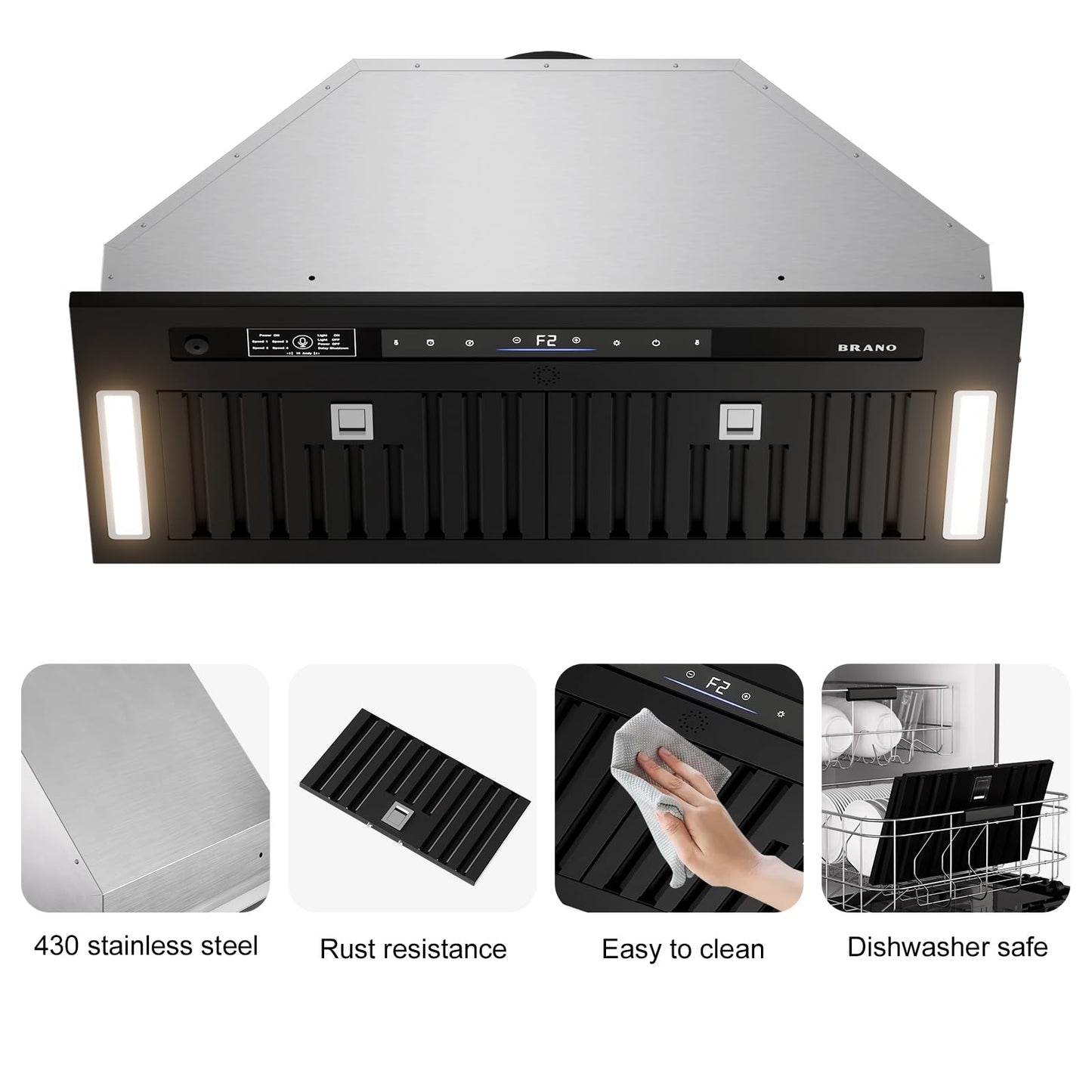 BRANO Range Hood Insert 30 Inch, 900 CFM Voice/Gesture/Touch Control Build-in Kitchen Hood Vent with 4 Speed Exhaust Fan, Memory Mode, Adjustable Lights, Ducted/Ductless Convertible