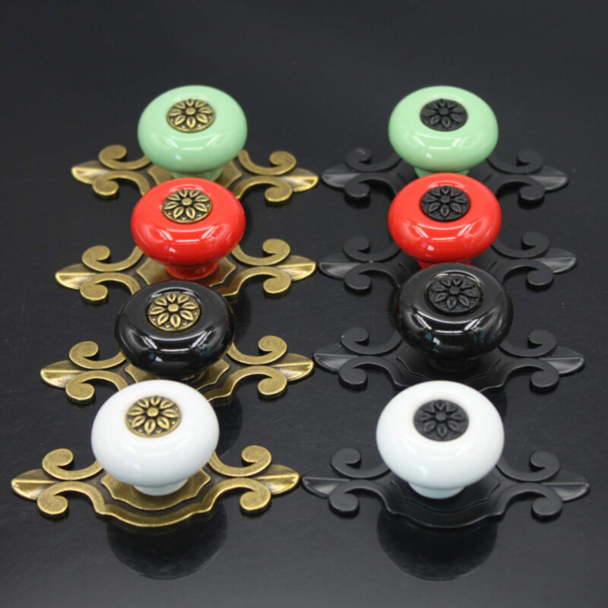 HUAMULAN 10 Pack Retro Ceramic Pulls,Vintage Dresser Kitchen Petal Cabinet Knobs Zinc Alloy Base Back Plate Kid Cupboard Wardrobe Drawer Door Handles,Bronze+Red