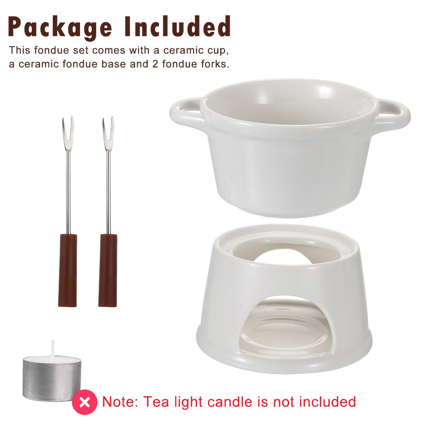 BSTKEY 300ML Ceramic Butter Warmer Set with 2 Forks, White Fondue Pot Melting Pot Set, Melt Hot Pot Bowl Set for Cheese Chocolate Butter Caramel