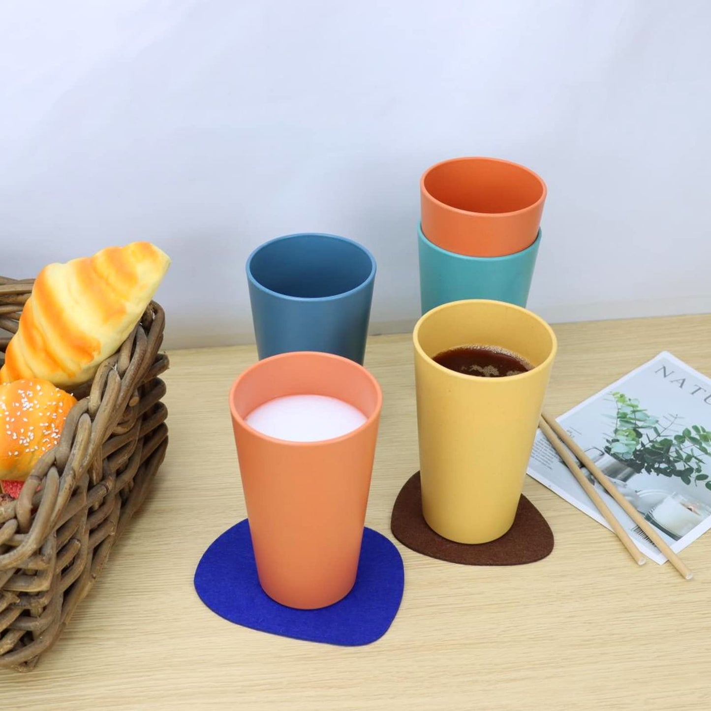 Homienly Reusable Plastic Cups - Wheat Straw Unbreakable Drinking Glasses & Water Glasses | Multi-Color Stackable Plastic Cups, Dishwasher Safe | Glassware & Cup Sets for Kitchen (20 oz 8-Pack)