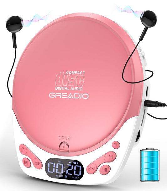 Greadio Discman CD Player with Headphones, Portable Pink CD Player for Car & Home, Rechargeable CD Players with 60s Anti-Skip, Supports CD/MP3/WMA/TF Card/AUX, Backlit/Lock/Programmable/Timer