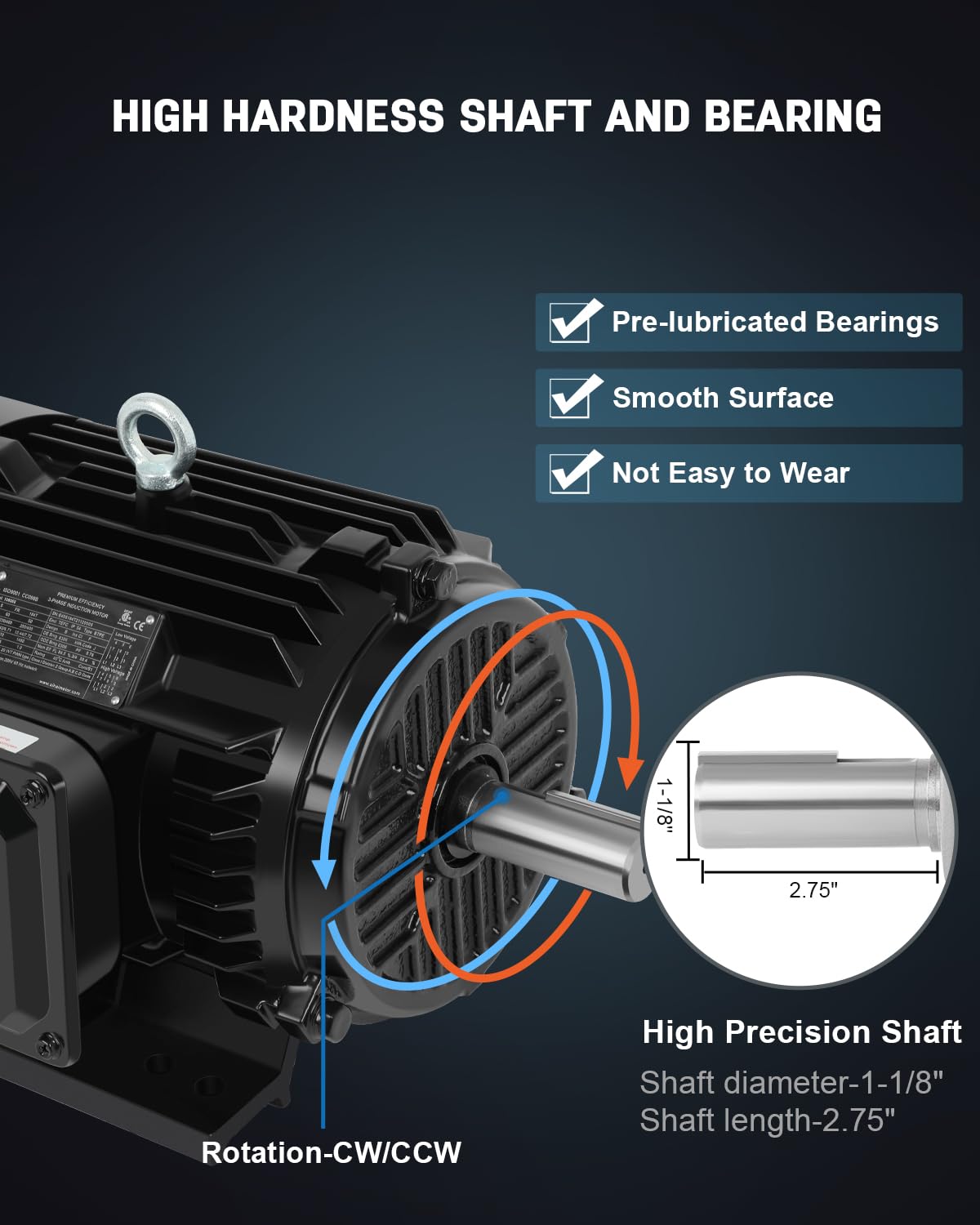 5HP Electric Motor Three Phase 1480/1770 RPM,184T Frame,1-1/8"Shaft Diameter CW/CCW Cast Iron Shell Air Compressor Motor