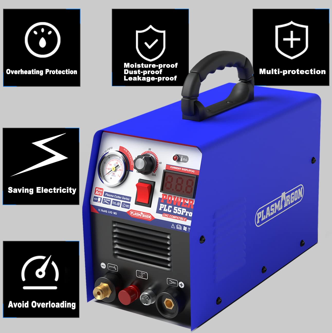 PLASMARGON PLC55Pro Plasma Cutter machine,110V/220V 55Amp Non-Touch Pilot Arc HF Air Power,Inverter IGBT 1/2 Inch Clean Cut LED Digital Display Plasma Cutting Machine