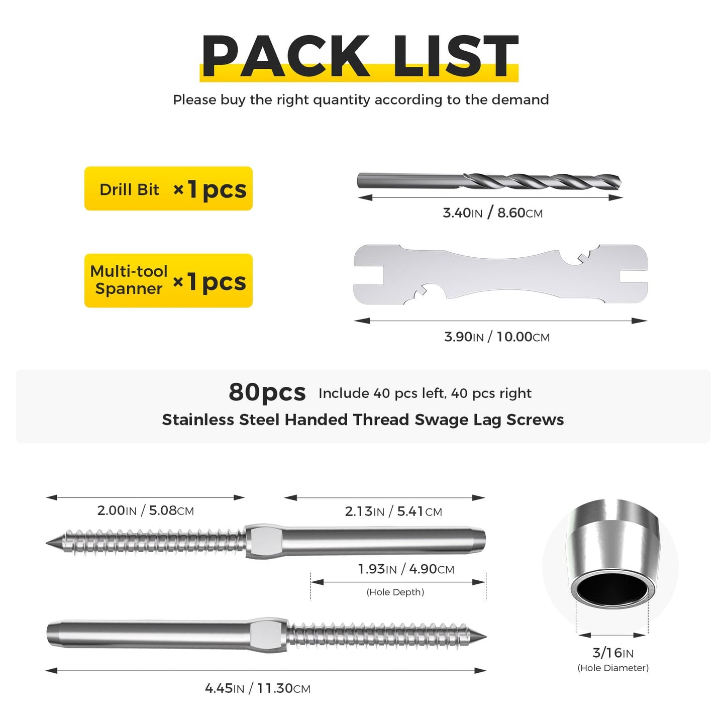 WAYSKA 80 Pack T316 Marine Grade Stainless Steel Cable Railing Hardware kit, 3/16" Right & Left Handed Thread Swage Lag Screws for Wood Post, DIY Deck Cable Railing System, Wrench Included(40 Pairs)