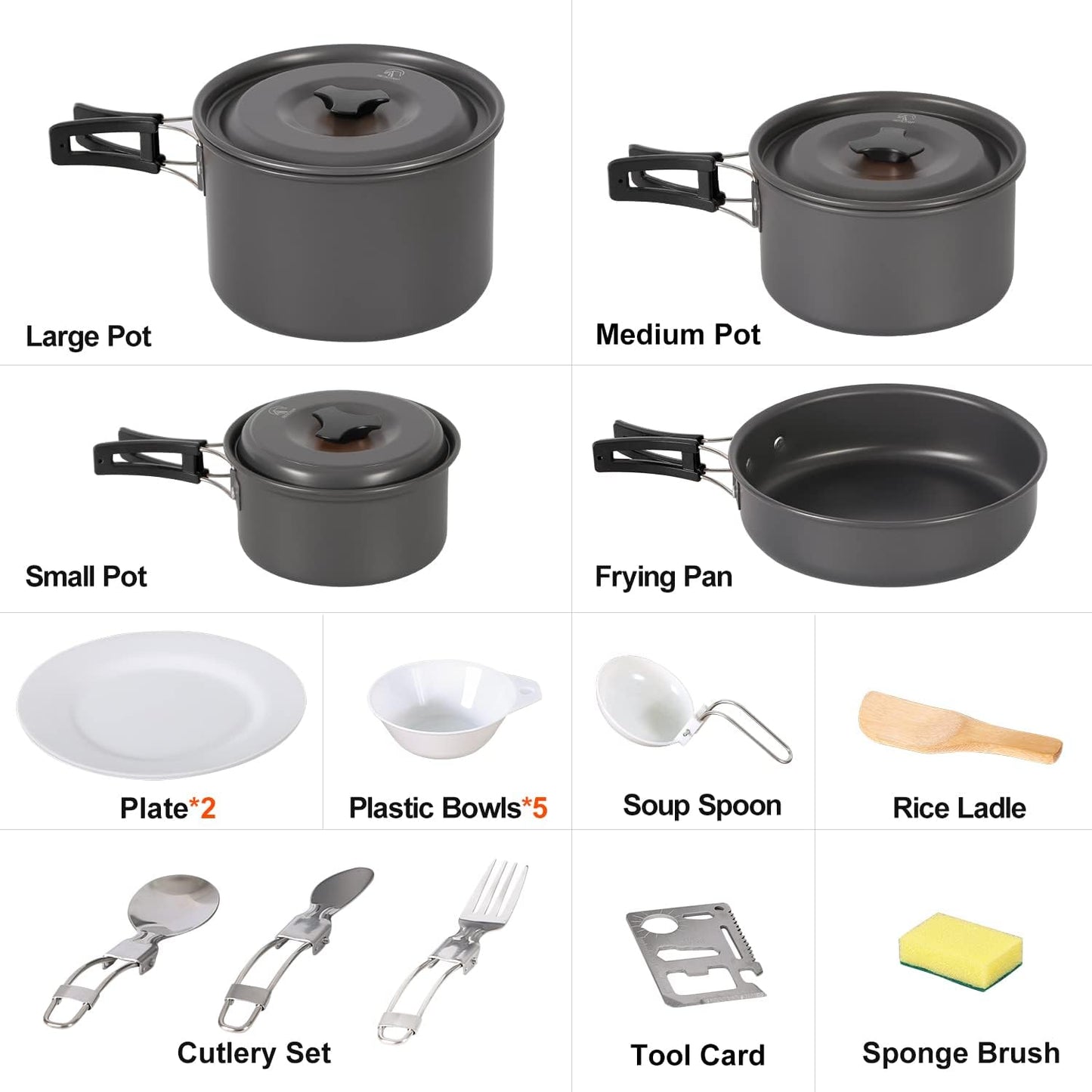 REDCAMP 19 PCS Camping Cookware Mess Kit Camping Gear Campfire Utensils Lightweight Stackable Pot Pan Bowls Soup Spoon with Storage Bag for Camping, Backpacking, Outdoor Cooking and Picnic, Black