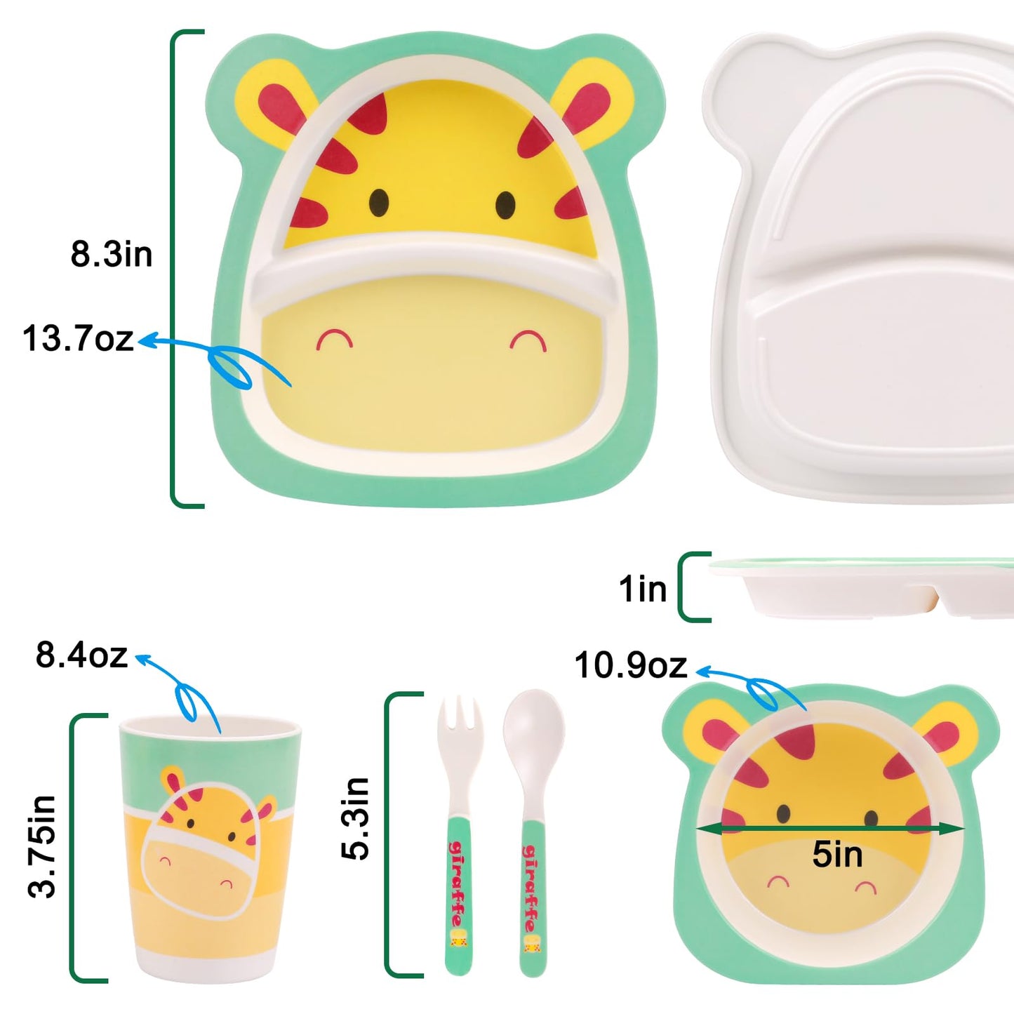 PHEENOWL Kids Dinnerware Set, 5-Pieces Includes Divided Plate Bowl Cup Fork Spoon Utensils, BPA Free Bamboo Fiber Material Perfect for Boy and Girls (Giraffe)