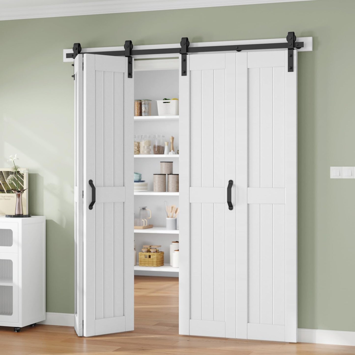 Finosen Bifold Barn Door 96 x 84 in (Four 24x84 Inch),Bi-fold Sliding Closet Doors with Hardware Track kit Included 8.6ft Rail for 4 Doors and Track Connector Black,DIY Assembly,Save Space.