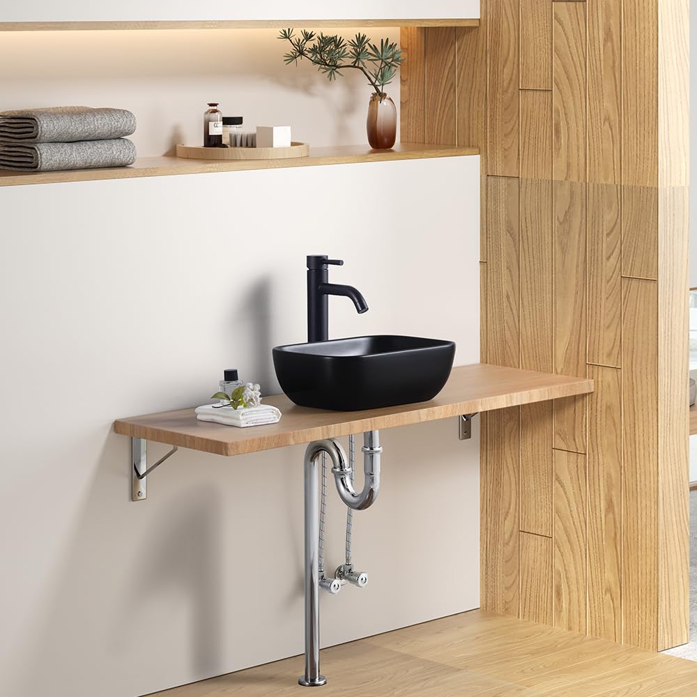 MAISINK Black Vessel Sink 14.5"x10" Small Bathroom Sink Above Counter 14 Inch Black Ceramic Porcelain Small Vessel Sink Bowl for Vanity Wash Basin