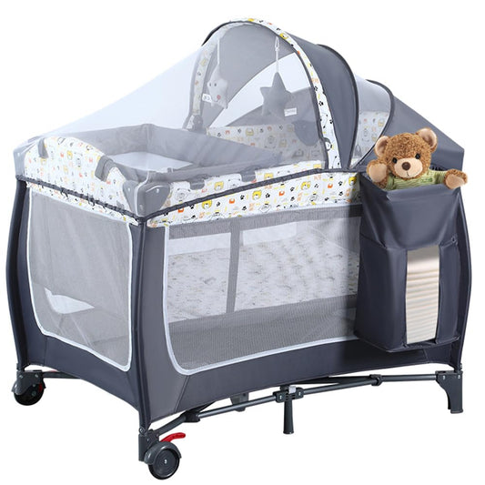 4 in 1 Pack and Play,Portable Nursery Center Baby Playard with Bassinet &Changing Table,Foldable Baby Crib Travel Playpen with Wheels,Removable Canopy with Toys,Storage Bag (Grey)