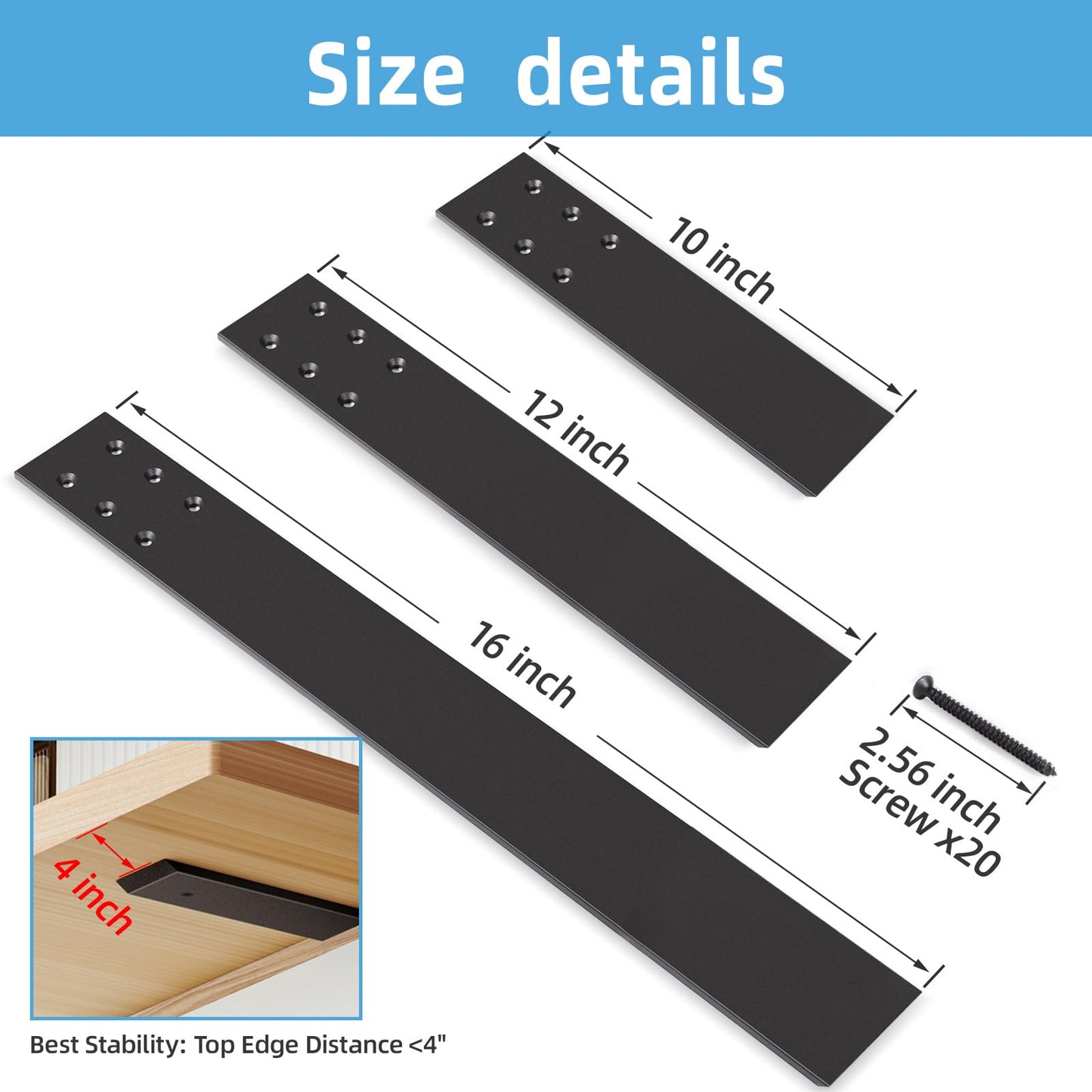 WEKIS 10 Inch Countertop Support Bracket, 3 Pack Solid Iron Heavy Duty Hidden Flat Floating Shelf Brackets, Top Mount Knee Wall Support Mantel Bracket Hardware for Wood Granite Quartz Countertop