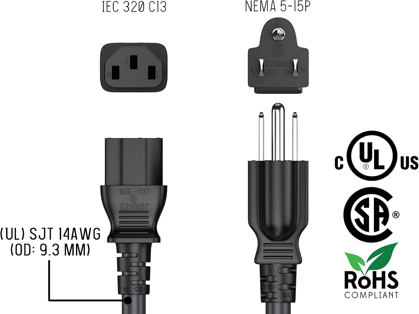 Cable Leader 1.5ft 18 IEC320 C13 5-15P, AWG Universal Power Cord to NEMA Extension Power Cord, Compatible