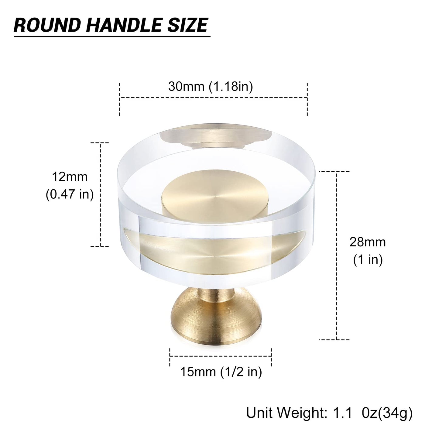 Guank 12-Pack 1-1/4-Inch White Cabinet Glass Crystal Brass knobs Brass Drawer Round Knobs Dresser Pulls, Gold Hardware Kitchen Closet knobs for Bifold Doors