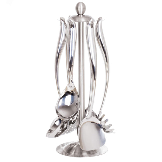 18/10 Stainless Steel Cooking Utensils Set with Holder, 7-Pieces All Metal Kitchen Utensils, 15’’ Long Kitchen Tools with Countertop Rotating Stand, Spatula, Ladle, Skimmer, Tunner, Pasta, Large Spoon