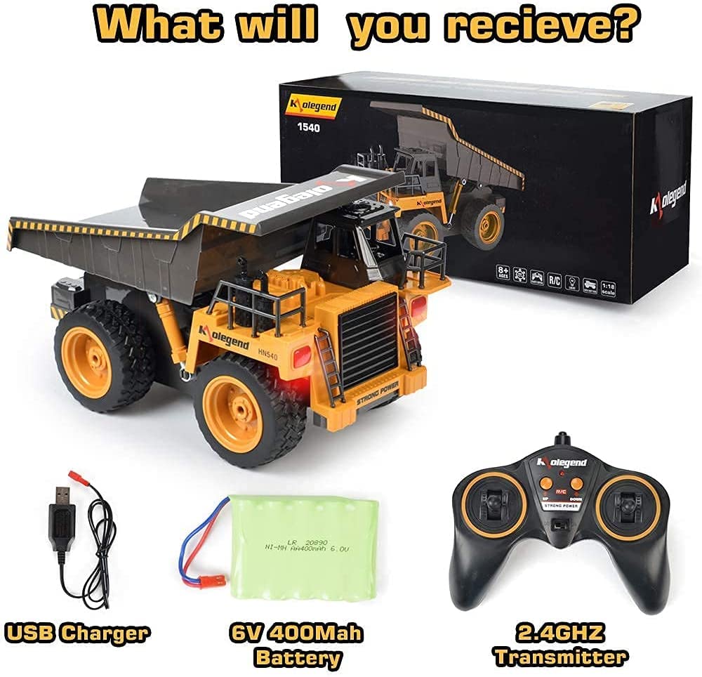 kolegend Remote Control Dump Truck RC Truck Construction Vehicle Truck Toys with Rechargeable Battery for Toddlers Kids Boys and Girls