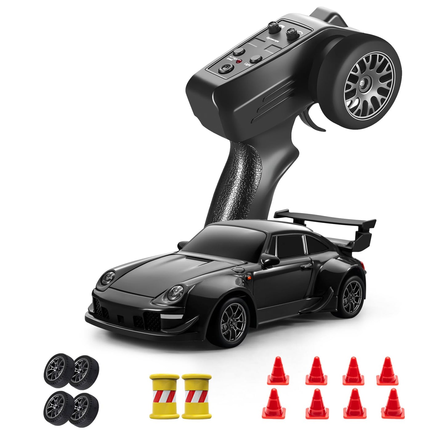 ACAMMZAR Mini RC Drift Car with Gyro, 1:43 4WD Full Proportional RC Cars, 18KM/H High Speed Remote Control Car with Lights, Extra Racing Tires, Vehicle for Adults Kids Boys, Black