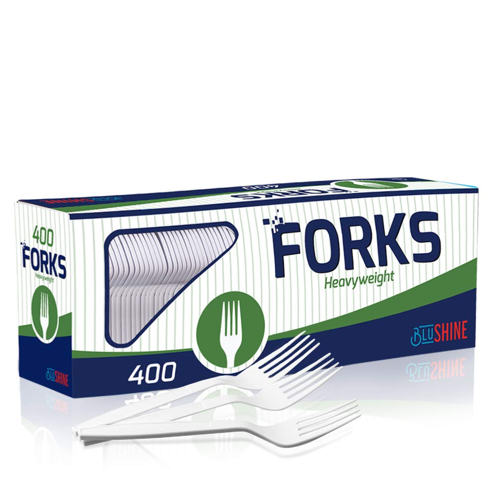 BluShine 400 Pack Extra Heavyweight Disposable White Plastic Forks - Heavy Duty White Cutlery-Utensils, Parties, Dinners, Catering Services, Family Gatherings