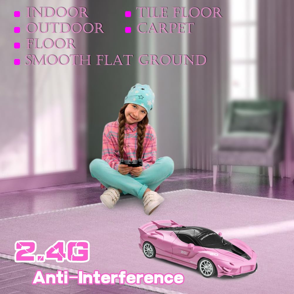 Yomwet Remote Control Car, Pink RC Cars for Girls, Rechargeable RC Racing, Electric Power On Road High Speed Drift Model Vehicle Toy with Led Headlight, Birthday for Kids Age 3+