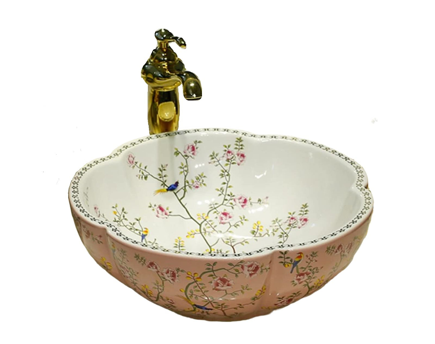 Jdzlanwtart Bathroom Vanity Top Vessel Sink Pink Color American Style Ceramic Countertop Sink Bowl with Flower Bird Pattern without Faucet - Above Counter Installation - 16.4"L x 16.4"W x 5.9"H