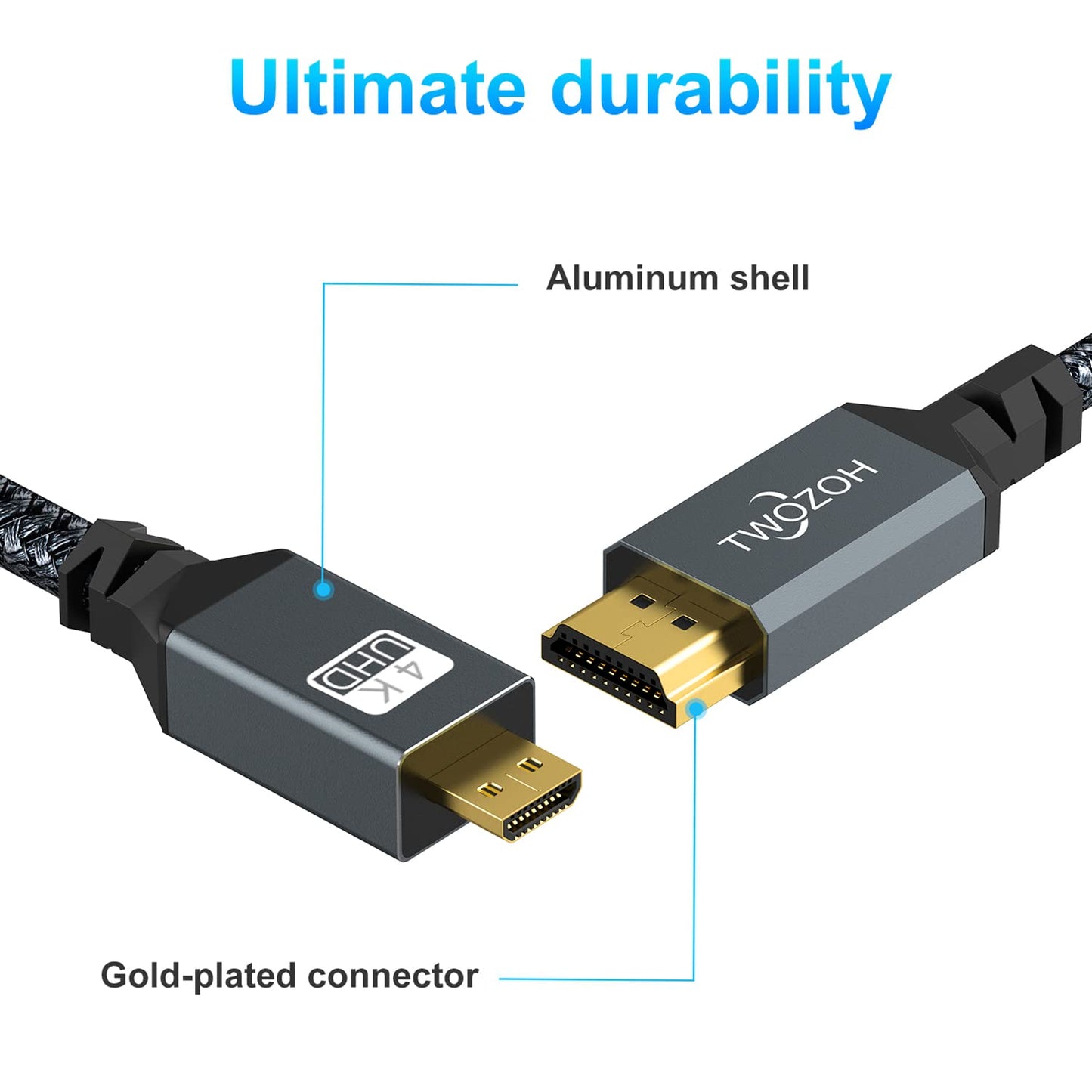 Twozoh 4K 1FT, 3D 4K/60Hz 1080p Micro HDMI to HDMI Cable Short High-Speed Full HDMI to Micro HDMI Braided Cord Support
