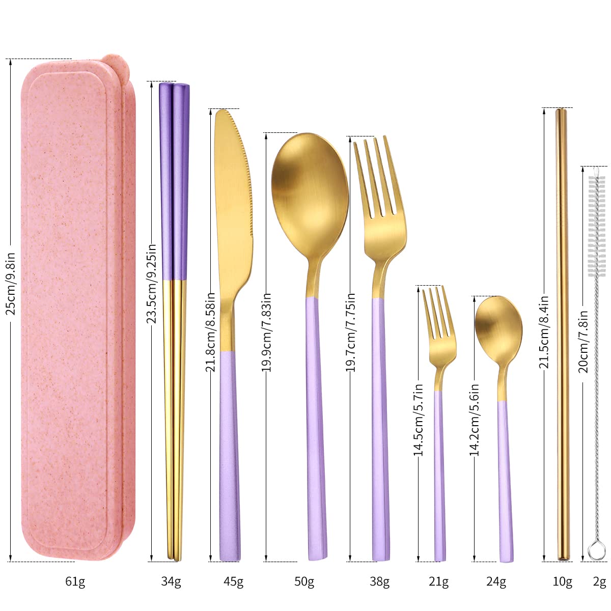 AARainbow 8 Pieces Stainless Steel Flatware Set Portable Reusable Cutlery Set Travel Utensils Set Including Chopsticks Knife Fork Spoon Straws Cleaning Brush Dishwasher Safe (B-Purple Golden)