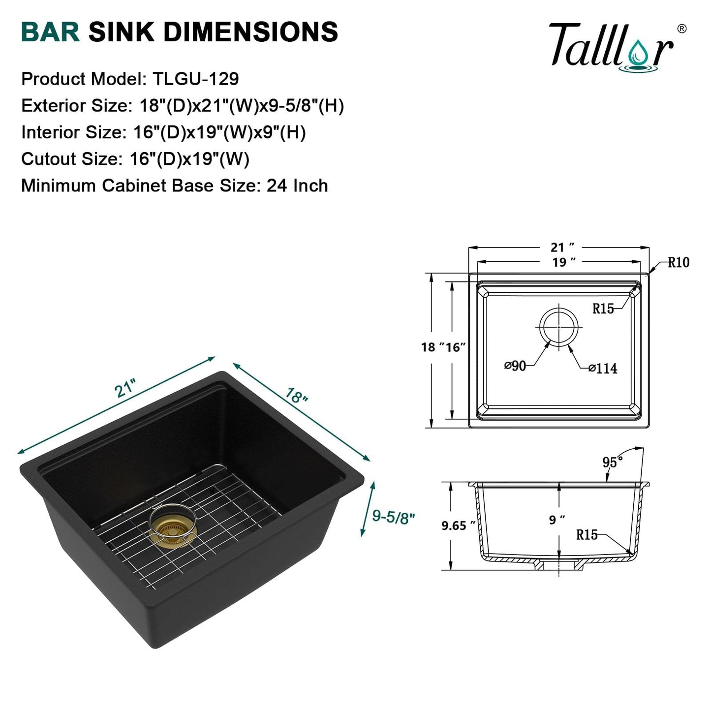 Talllor 21x18 Inch Undermount Bar Sink Workstation - Matte Black Granite Composite Single Bowl Classic Quartz Under Counter Wet Prep Sink for Kitchen Bar, RV, Boat, and Outdoor #TLGU-129