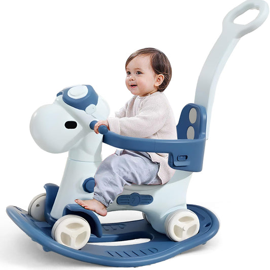 4 in 1 Rocking Horse for Toddlers 1-3 Years Old, Baby Rocking Toy Fun Birthday Gift for 1+ Kids, Ride on Toy with Guard Rails, Detachable Balance Board and Footrest with Push Handle (Blue)