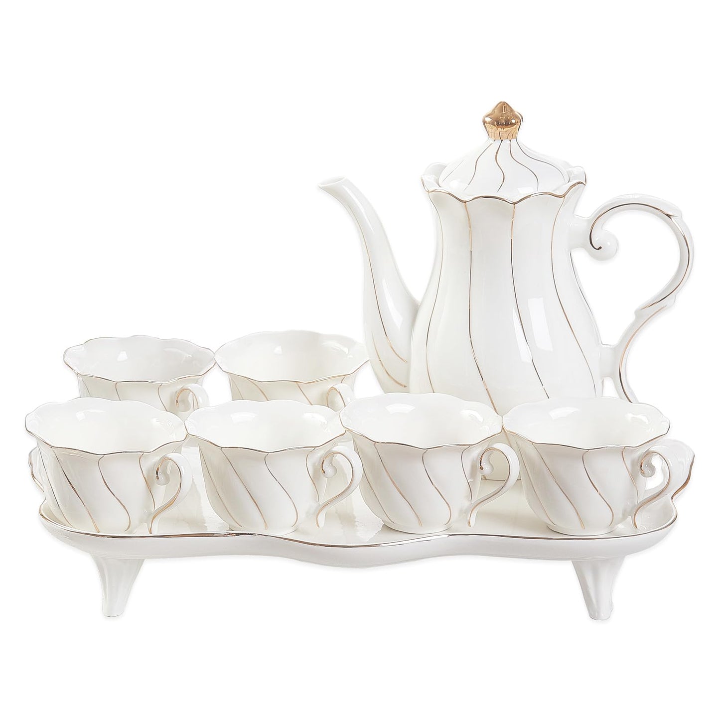 DUJUST 14 pcs Tea Set for 6 with Tea Tray & Spoons, Luxury British Style Coffee Cup Set with Golden Trim, Beautiful Porcelain Set for Living Room Decor, Tea Party Set, Gift Package - White
