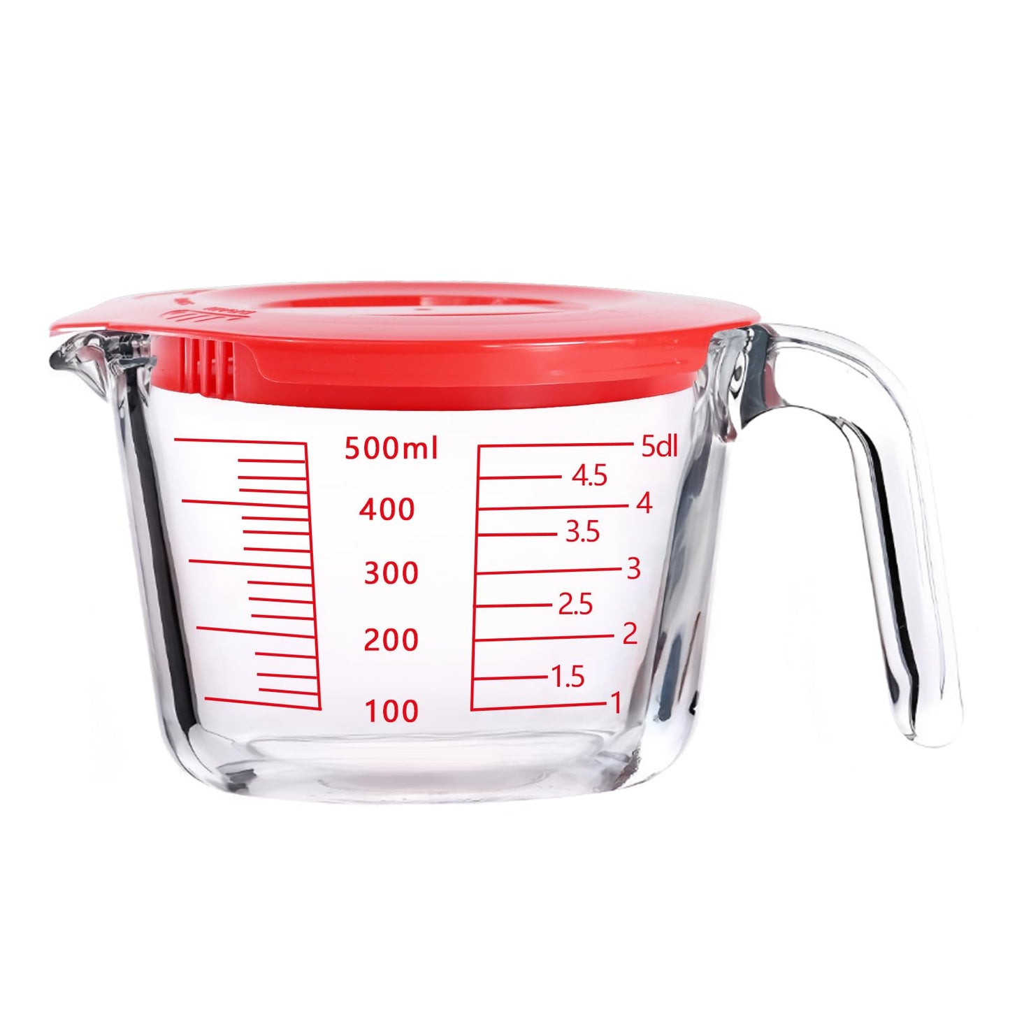 Glass Measuring Cups with Lids Set, Borosilicate Glass V-Shaped Spout Microwave Safe Scales Milk Cup for Cooking Baking (Red, 2CUP)