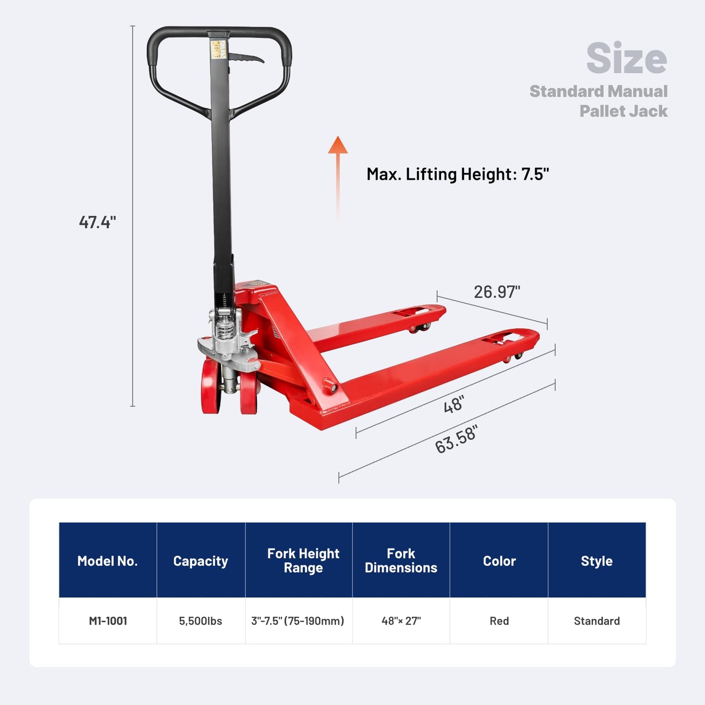 NORTHSKY Standard Manual Pallet Jack, 27" W x 48" L, 5500lbs Capacity for Warehouse, Workshop