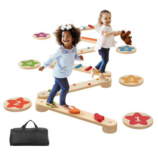 VEVOR Balance Beam Stepping Stones, 6 PCS Wooden Toddler Balance Boards, Montessori Toy for Kids 3-6, Build Coordination and Gross Motor Skills Gymnastics Obstacle Course Indoor Outdoor for Girls Boys