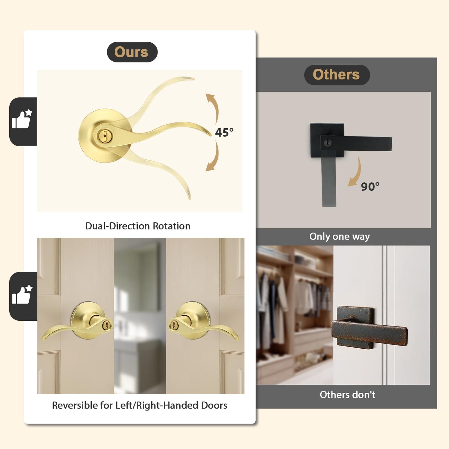 GOBEKOR Gold Door Handle Wave Privacy Door Lever Brushed Gold Door Handles Interior with Lock for Bedroom Bathroom Reversilble for Left/Right-Handed Doors, Satin Brass(10 Pack)