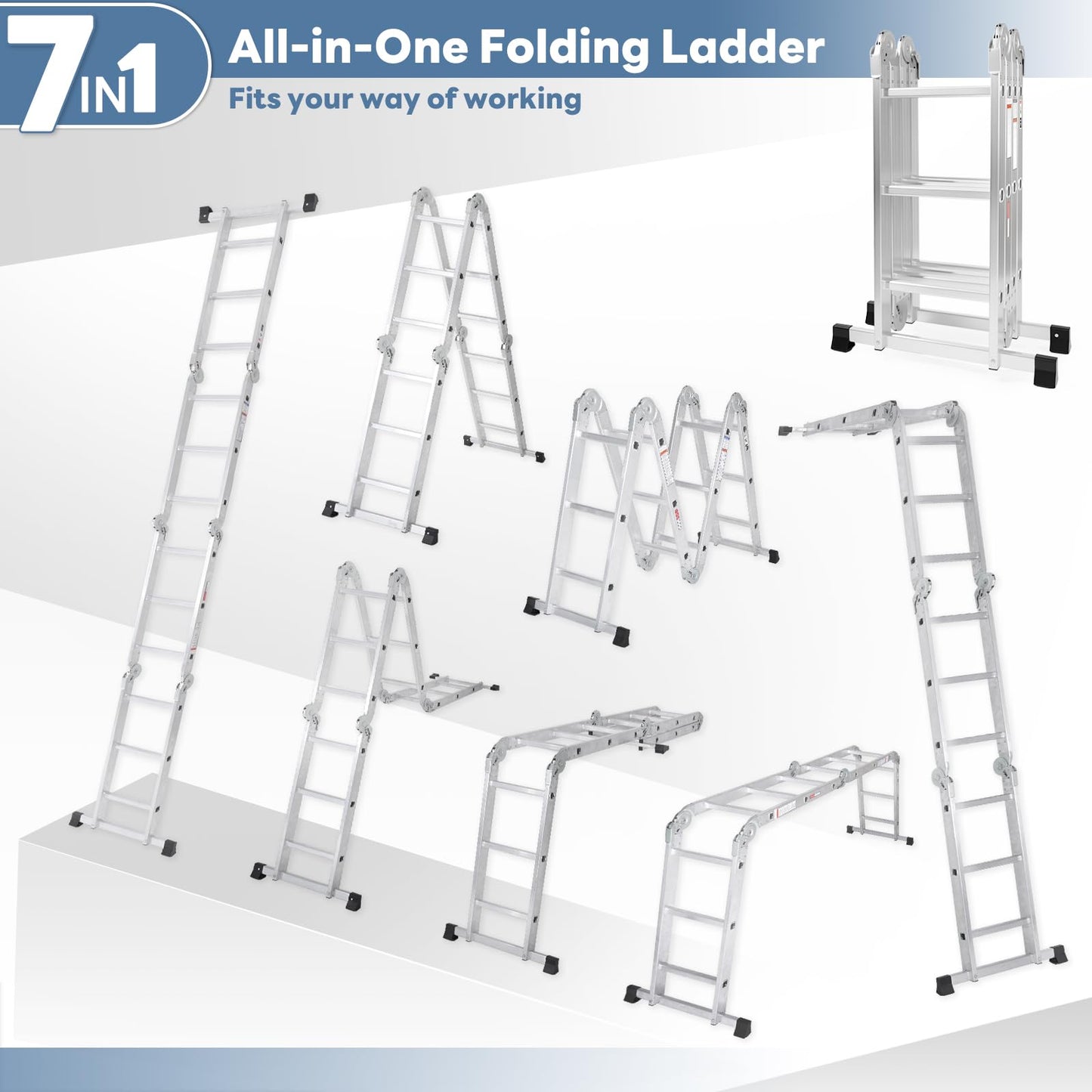NEWBULIG 7-in-1 Multi-Purpose Adjustable Folding Ladder, Aluminum Heavy Duty Collapsible Tall Extension Step Ladder for Home Roof RV Work Garage & Outdoor Use