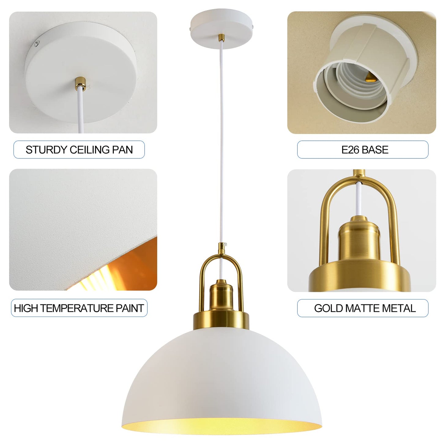 Vintage Industrial Pendant Light - 13.58'' Rustic White and Gold Farmhouse Dome Pendant Lighting, 78.74'' Length, for Kitchen, Dining, Bedroom, Living Room