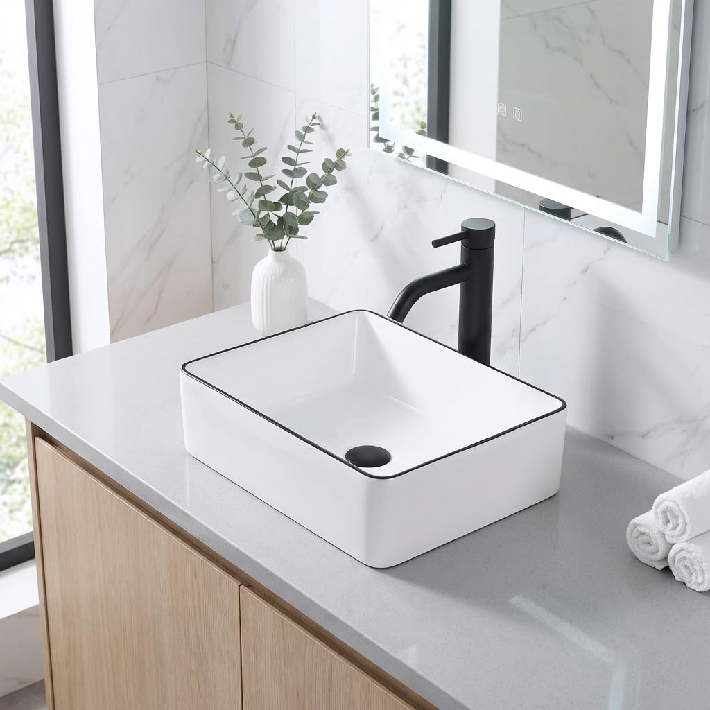 MAISINK Bathroom Vessel Sink, Rectangular 16"x12" Modern Small Bathroom Sink Above Counter, Rectangle White Porcelain Ceramic Small Vessel Sink With Black Trim
