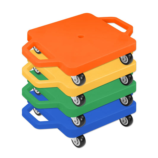 4 Scooter Boards with Handles for Kids Sitting, Floor Scooters Gym Scooters Set with Ropes for School Gym Activities and Indoor Outdoor Play