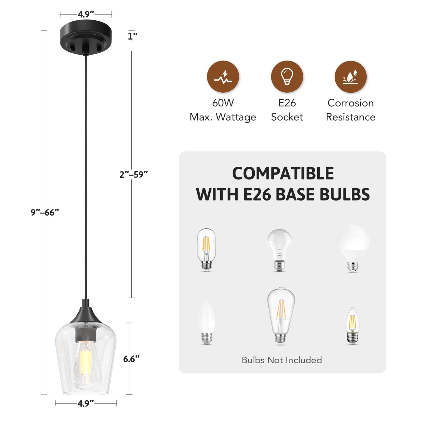 VONLUCE Pendant Lights Kitchen Island, Matte Black Pendant Light Fixtures with E26 Base & Adjustable Cable, Modern Pendant Lighting with Glass Shade for Living Room Bedroom Hallway, 3 Packs