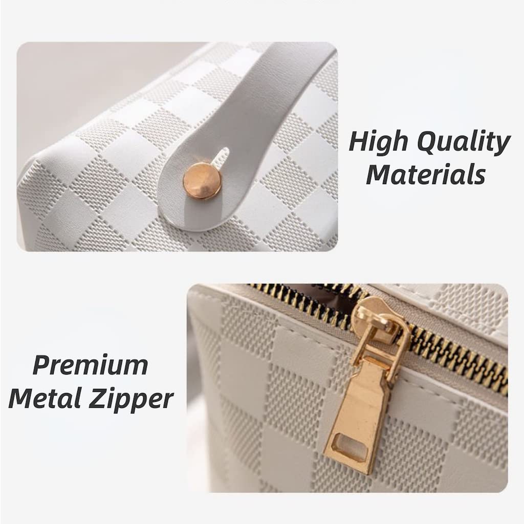 Large Capacity Checkered Makeup Bags Portable Travel Cosmetic Bags Open-Flat Toiletry Waterproof Bag for Women Gift Make up Organizer with Divider and Handle Pouch Zipper Bag (latte-checkered)