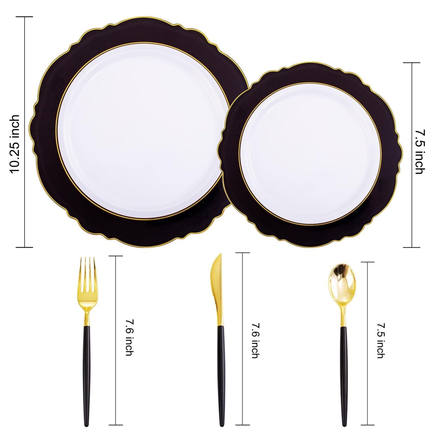 WDF 30Guest Black and Gold Plastic Plates - Gold Plastic Silverware With Black Handle Baroque Black and Gold Disposable Dinnerware for Graduation/Wedding/Party/Birthday