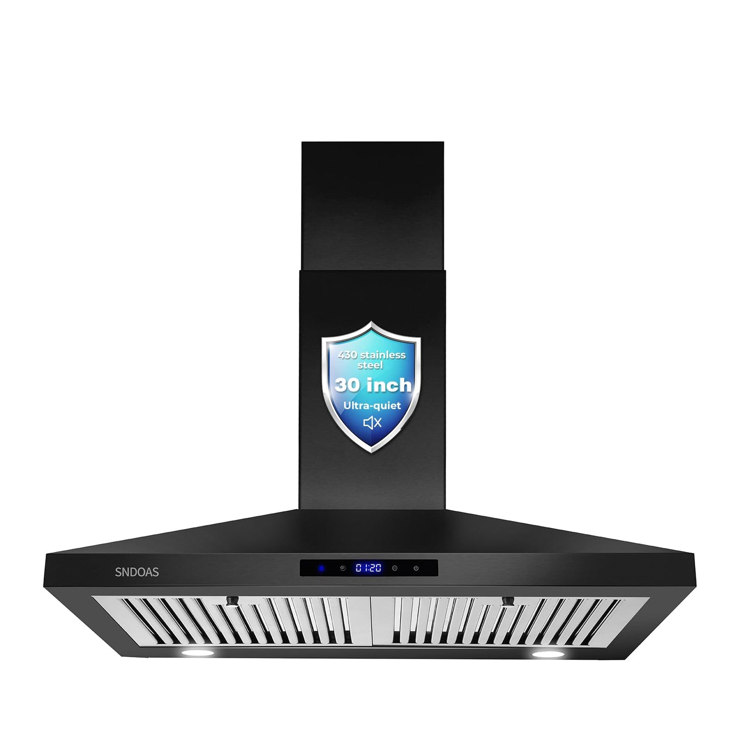 SNDOAS Black Range Hood 30 Inch,Stainless Steel Wall Mounted Kitchen Hood with Touch Controls, Ducted/Ductless Convertible,Chimney-Style Stove Hood Vent for Kitchen,Baffle Filters,Black Painted Finish