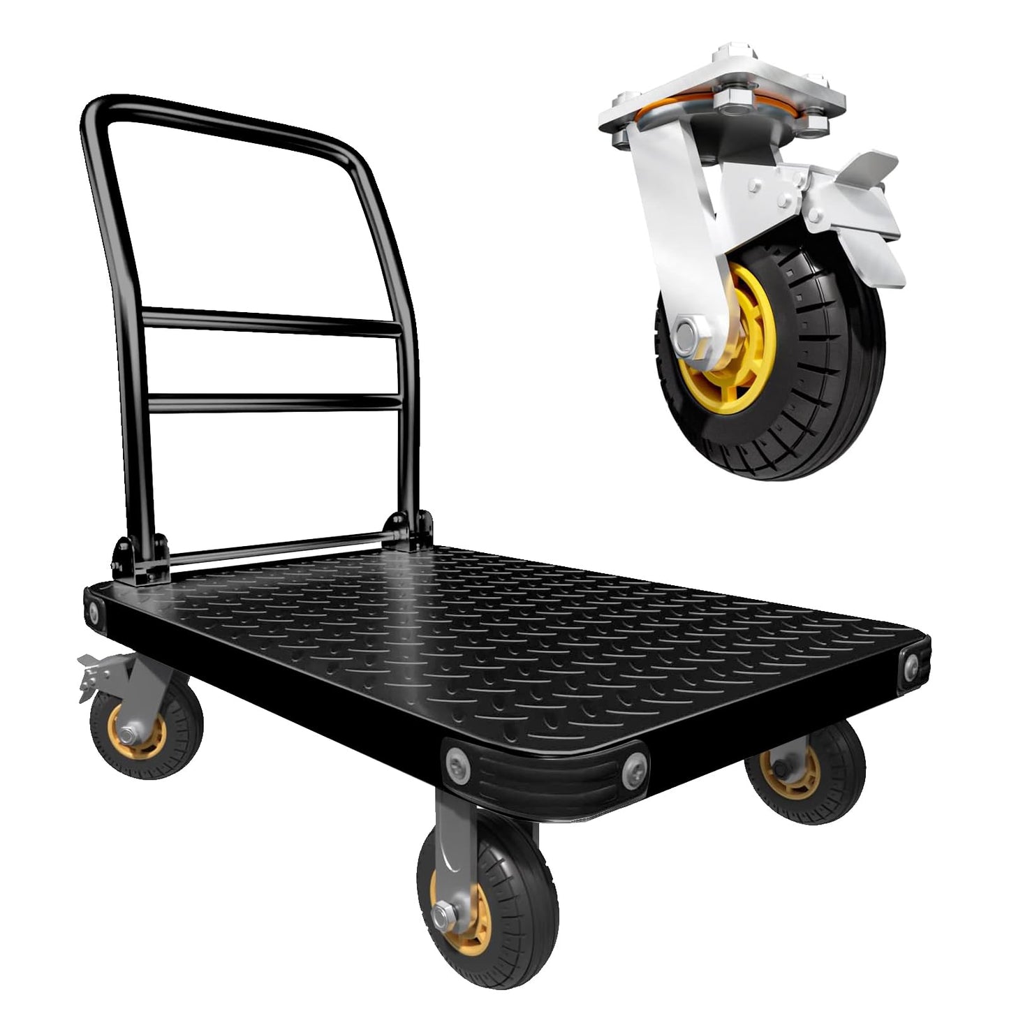 Heavy Duty Platform Truck Flat Cart Hand Trucks,1500 to 2000Lbs Steel Push Cart Dolly with Brake Design, 36 x 24in or 27x19in Large Flatbed Black Trolley (BL, 36X24 Large)