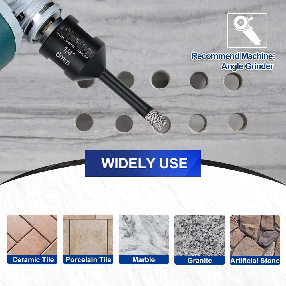 SHDIATOOL Diamond Tile Drill Bits Kit 15pcs, Porcelain Hole Saw Sets, Core Bits Cutter for Drilling Ceramic Marble Granite (6/8/10/20/25/35/50/75/100/20MM/2/SDS/HEX/6MM/4.5”)