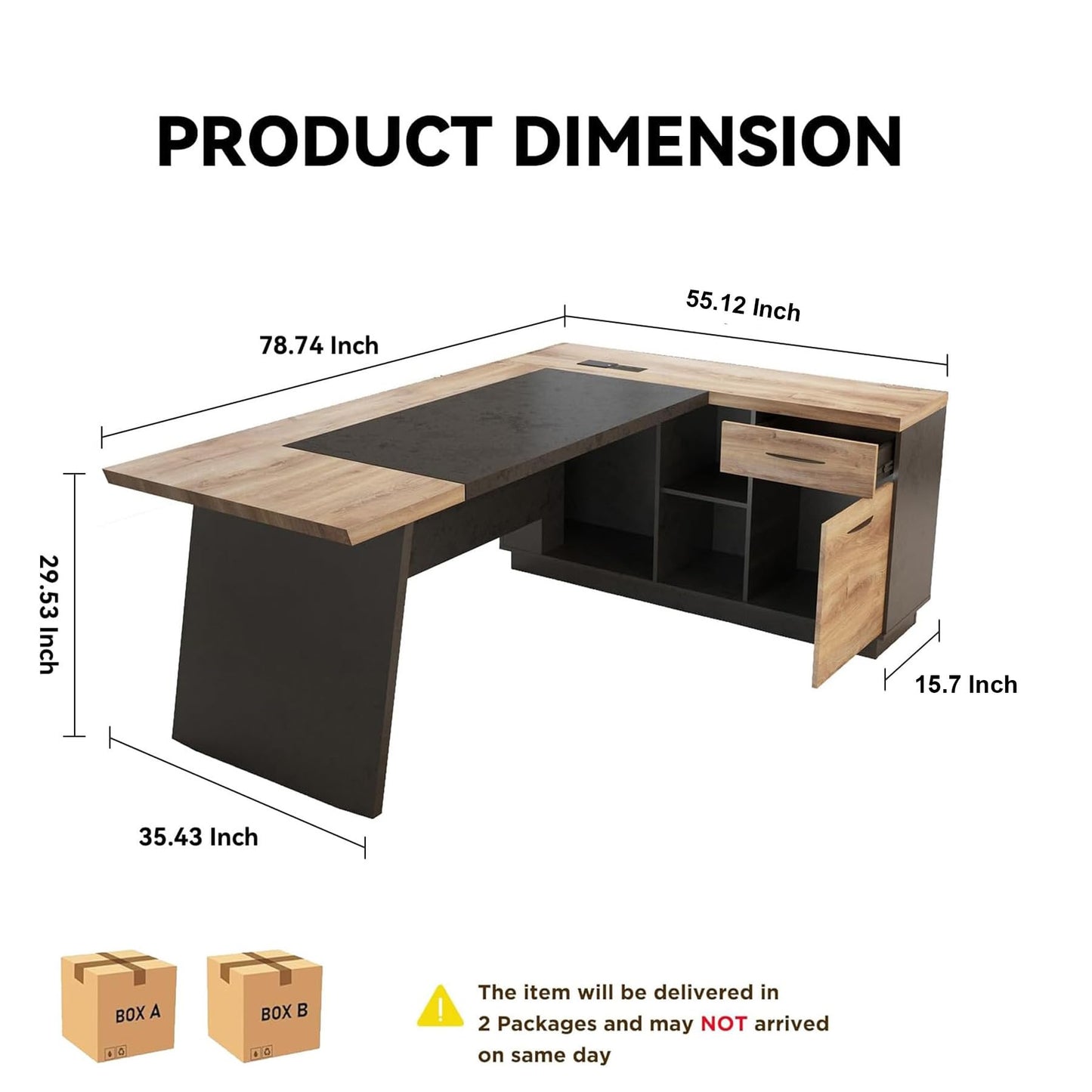 ONNAHOMEStlyle 78.74 Inch L Shaped Office Desk with Drawers & Built-in Power Access, Large Executive Workstation with Storage Cabinet, Modern Wooden Desk for Business or Home Office (claybank, Right)