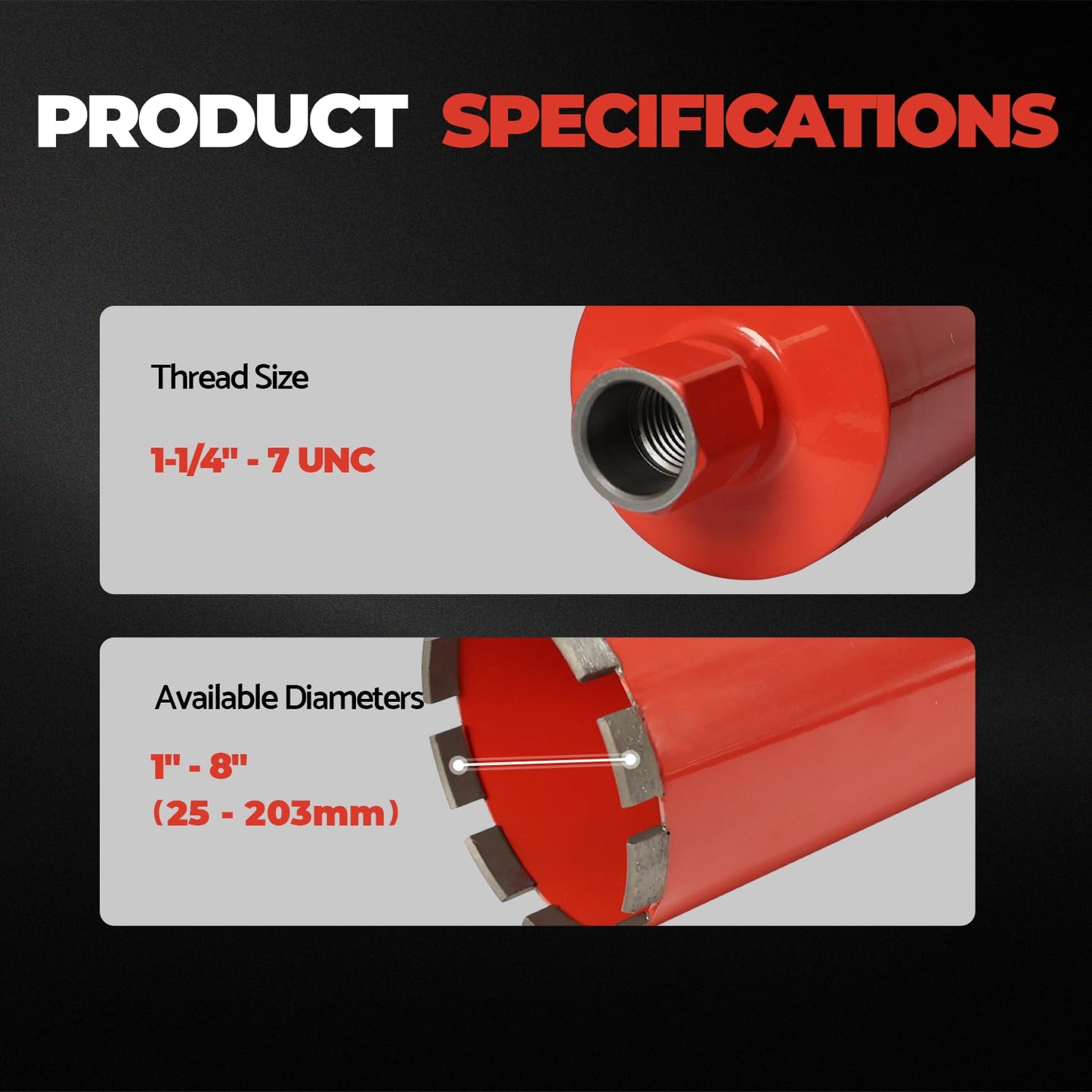 Diamond Core Drill Bit for Concrete, Masonry, Reinforced Rebar Concrete 6 Inch, Wet only, 15" Drilling Depth, 1-1/4"-7 Thread, Superior Welded Core Drill Bits with Roof-Top Segment