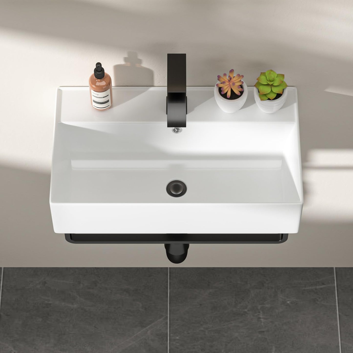 Dcolora 21 In. White Wall Mounted Bathroom Sink, Rectangular Ceramic Wall Hung Sink with Black Faucet & Towel Rack, Space-Saving Basin for Small Bathrooms #DC-SFDOE00089