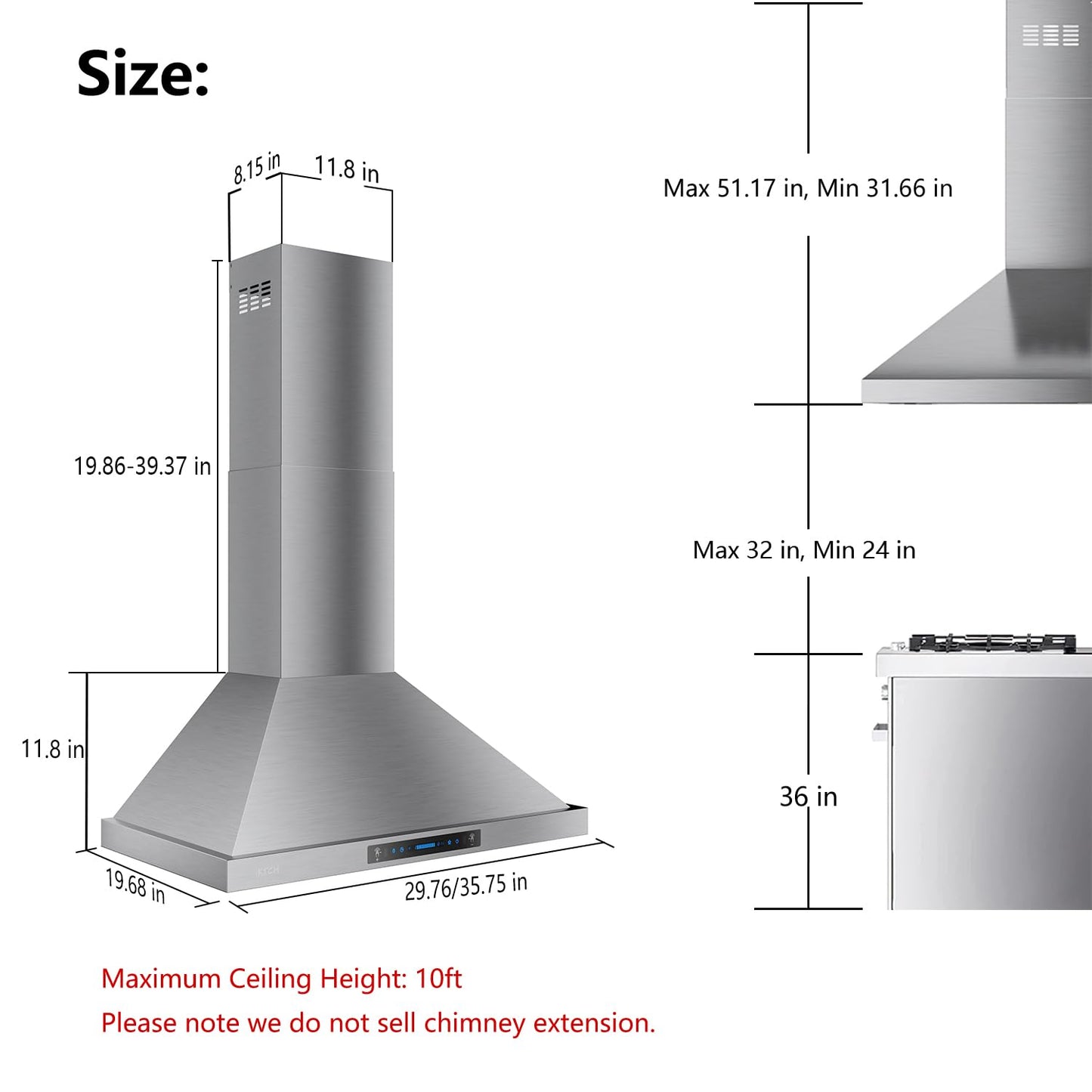 IKTCH 36-Inch Wall Mount Range Hood, Stainless Steel 900 CFM Kitchen Vent Hood, Ducted/Ductless Convertible, Gesture Sensing & Touch Control, Adjustable LED Lights 2 Pcs for Modern Kitchen